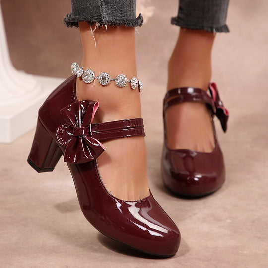 Damen Mary Jane Pumps mit modischer Schleifenapplikation und glänzender Oberfläche EB