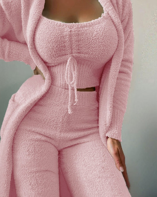 Damen nan luxuriöses Teddy-Fleece Lounge-Set mit Longcardigan, gerafftem Cropped-Bustier und Highwaist-Hose EB