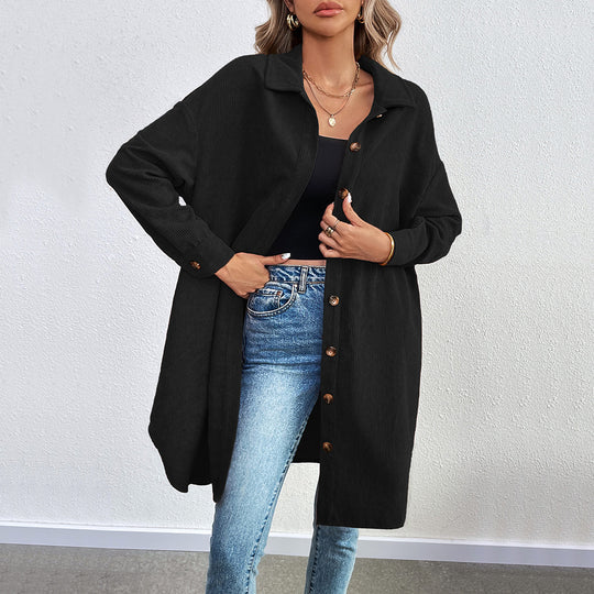 Damen lange Oversize-Cord-Hemdjacke mit durchgehender Knopfleiste und Hemdblusen-Kragen Eichborn Berlin