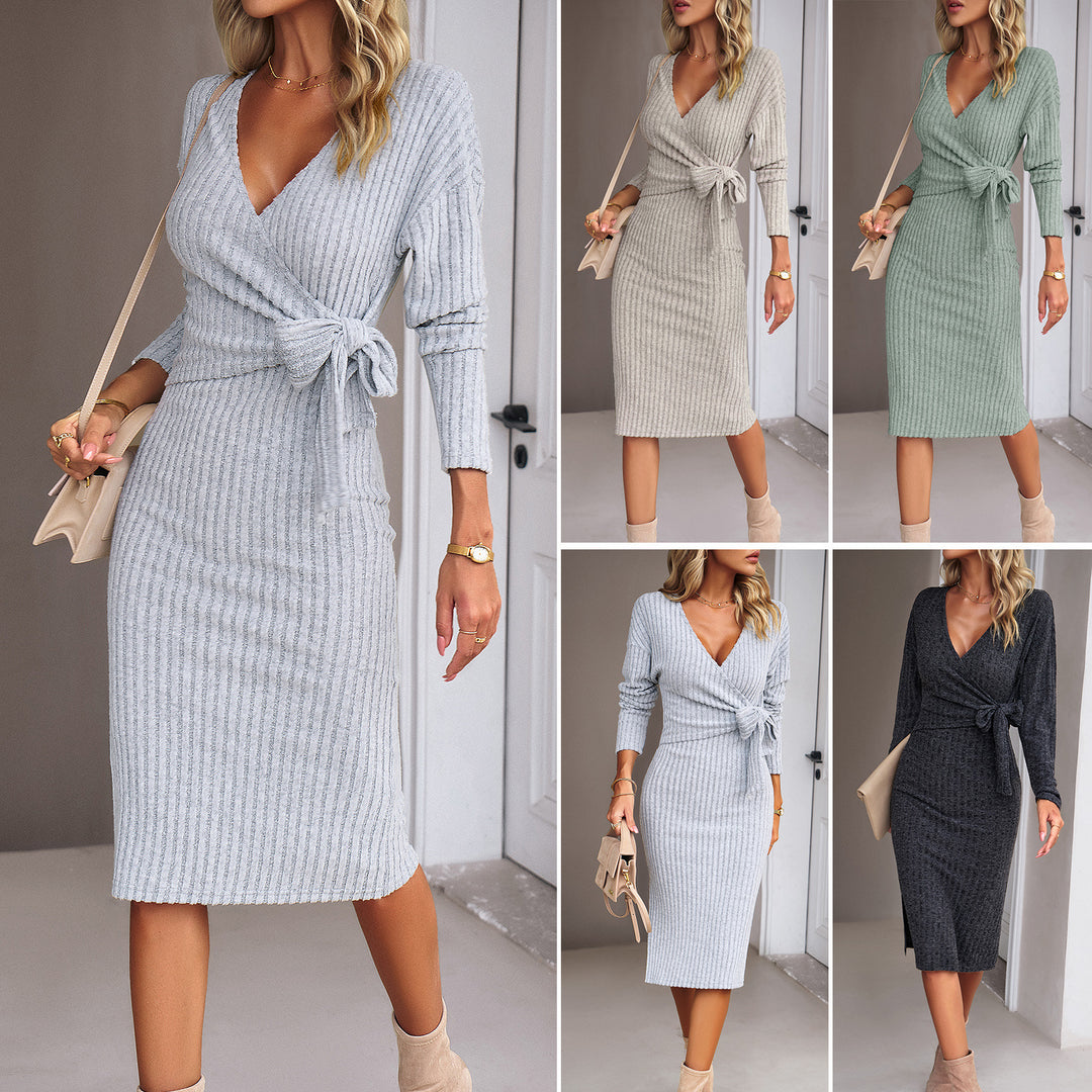 Damen Rippstrick-Wickelmidikleid mit Taillenschleife EB