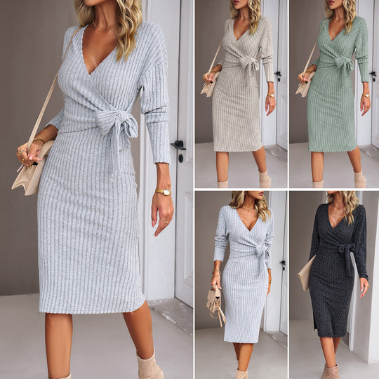 Damen Rippstrick-Wickelmidikleid mit Taillenschleife EB