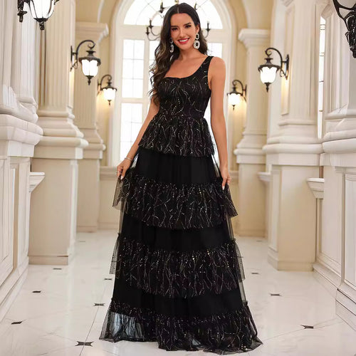 Damen Elegantes Schichtkleid mit Glitzerakzenten und Tülldetails EB