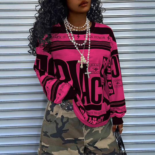 Damen Oversize‑Longsleeve Sweatshirt mit Allover‑Grafik, Rundhalsausschnitt und gerippten Bündchen EB