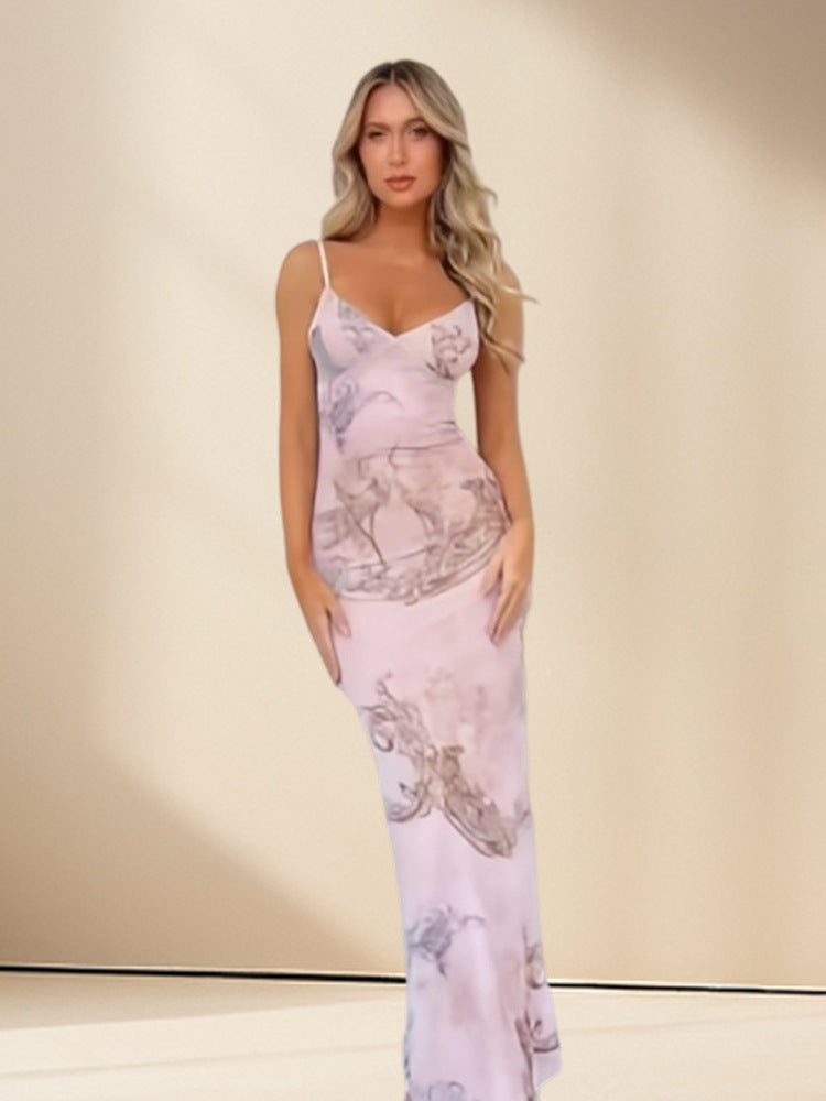 Damen Elegantes Maxikleid mit feinem floralem Design und Spaghettiträgern EB