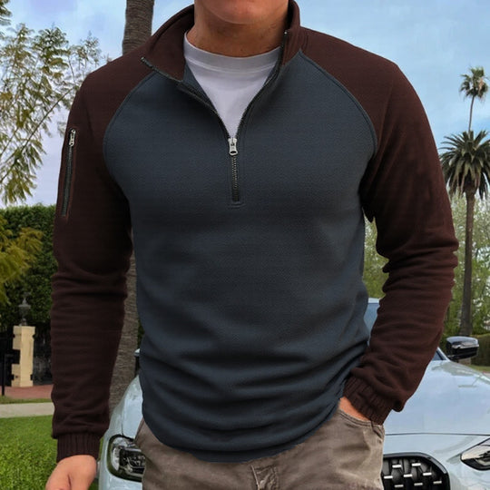 Herren nan slimfit Halbzip-Pullover mit Raglanärmeln, Waffelstruktur und Ärmeltasche EB
