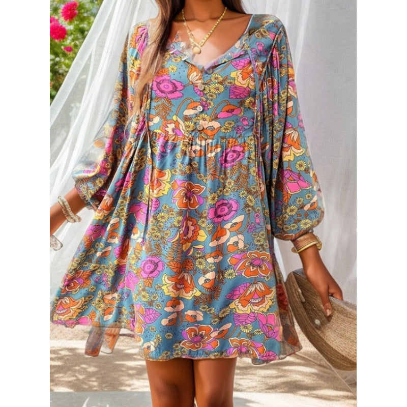 Damen lässiges Freizeitkleid mit lockerer Passform und buntem Blumendesign EB