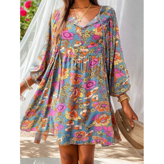 Damen lässiges Freizeitkleid mit lockerer Passform und buntem Blumendesign EB