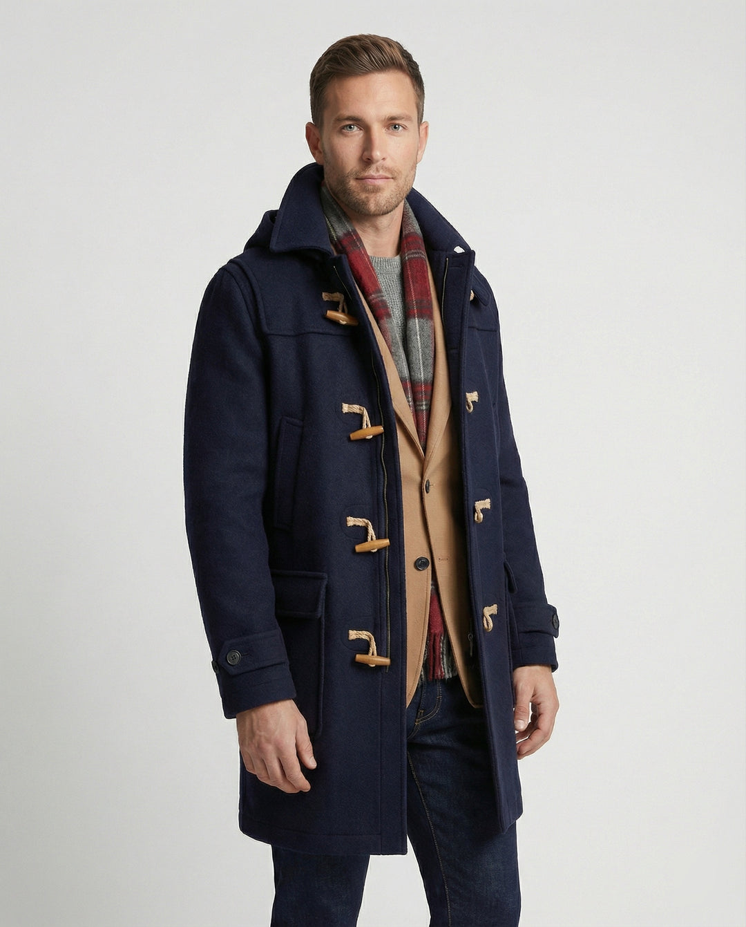 Herren stilvoller Dufflecoat aus hochwertiger Wolle mit Kapuze und praktischen Knöpfen EB