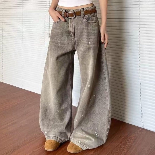 Damen weite Jeanshose im Vintage-Stil mit lässigem Schnitt und kreativen Farbdetails EB