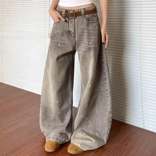 Damen weite Jeanshose im Vintage-Stil mit lässigem Schnitt und kreativen Farbdetails EB