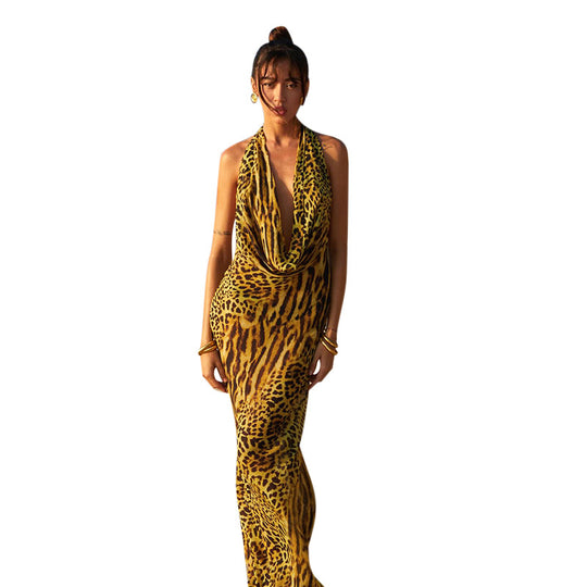 Damen Langarm-Maxikleid mit gerafftem Ausschnitt und animalischem Muster EB