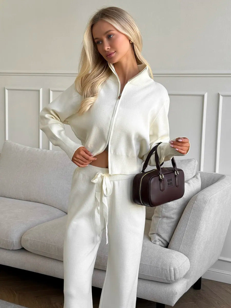 Damen nan gestricktes Loungewear-Zweiteiler mit kurzem Reißverschluss-Cardigan und weitem Highwaist-Hosenbein EB