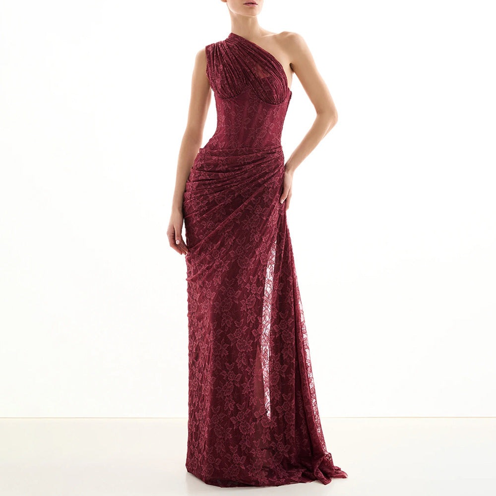 Damen elegantes Abendkleid mit asymmetrischem One-Shoulder-Design und floralem Spitzenbesatz EB