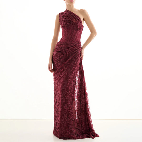 Damen elegantes Abendkleid mit asymmetrischem One-Shoulder-Design und floralem Spitzenbesatz EB