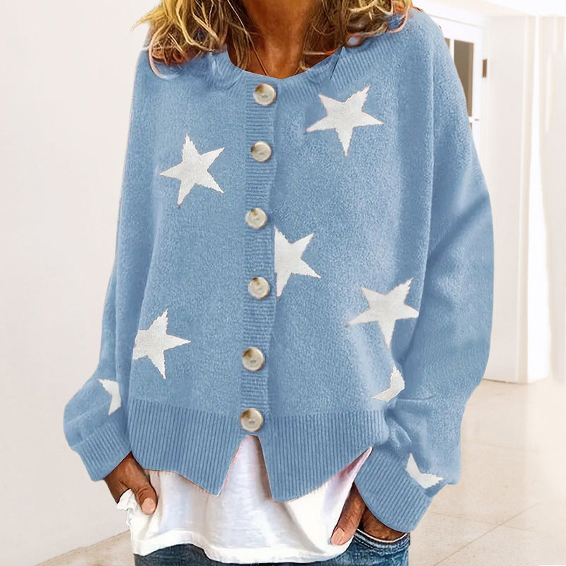 Damen modische Strickjacke mit Sternenmuster und Knopfdetails EB