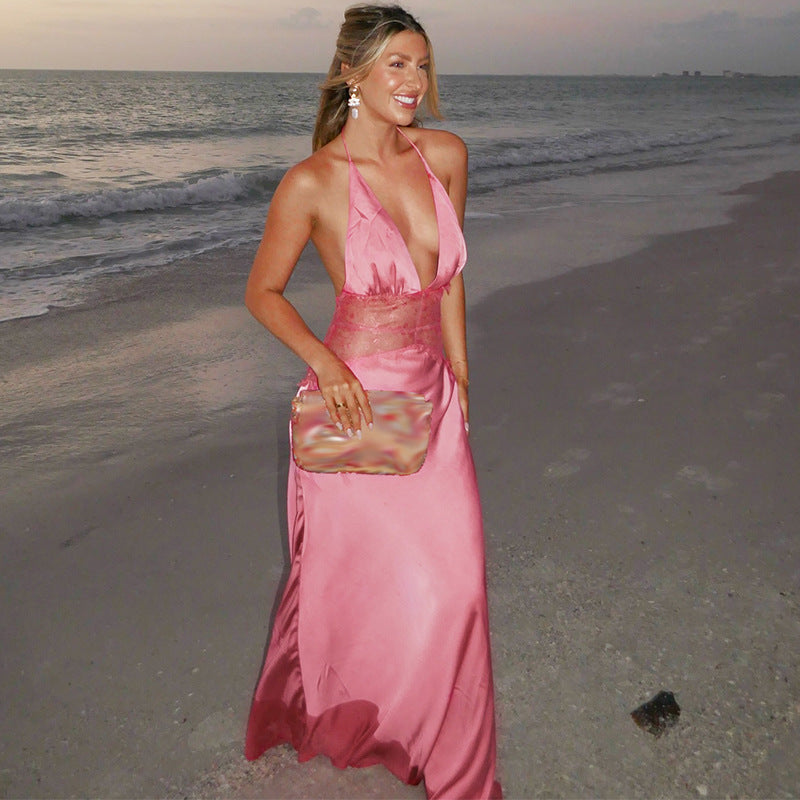 Damen Langes Nachtkleid mit transparenten Spitzenakzenten EB