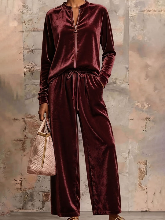 Damen nan samtiges Lounge-Set mit Stehkragen Reißverschlussoberteil und Kordelbundhose EB