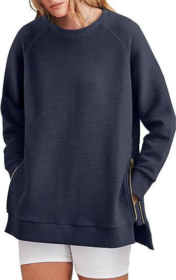 Damen lässiger Sweatshirt mit Seitentaschen und Reißverschluss EB