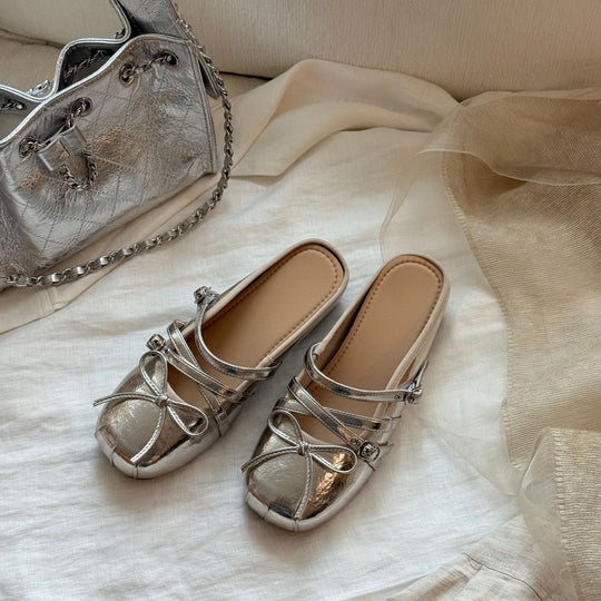 Damen elegante Schlupfschuhe mit dekorativem Riemen und Schleife EB