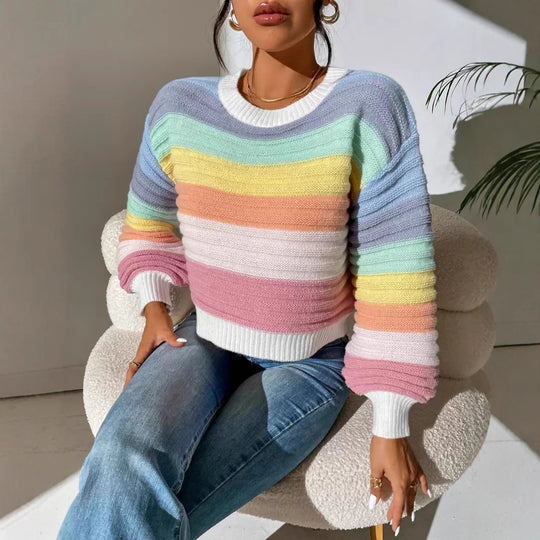 Damen Modischer Strickpullover mit Volumenärmel und Randdetails EB