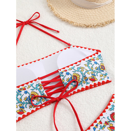 Damen Bandeau-Bikini mit floralen Mustern und verspieltem Rüschensaum EB