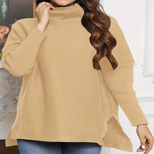 Damen Oversized Strickpullover mit hohem Kragen und seitlichen Schlitzen EB