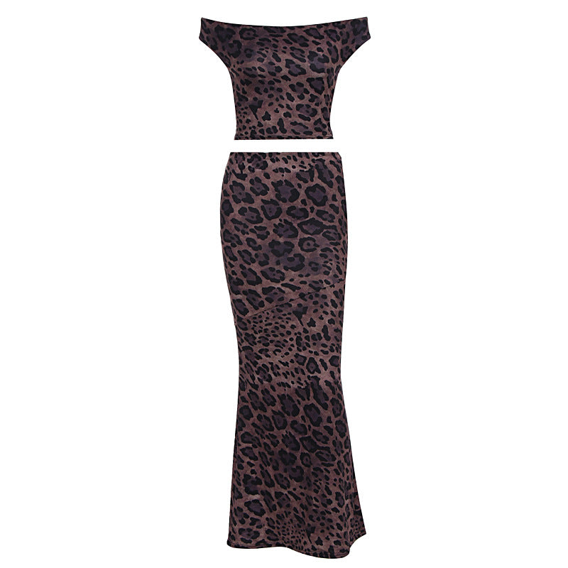 Damen Elegantes Maxikleid mit schulterfreiem Design und Leopardenmuster EB