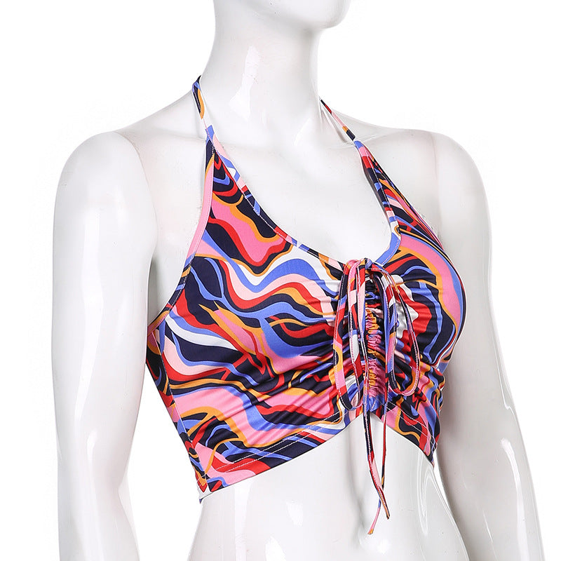 Damen Crop-Bikini-Oberteil mit Kordelzug und farbenfrohem Design EB