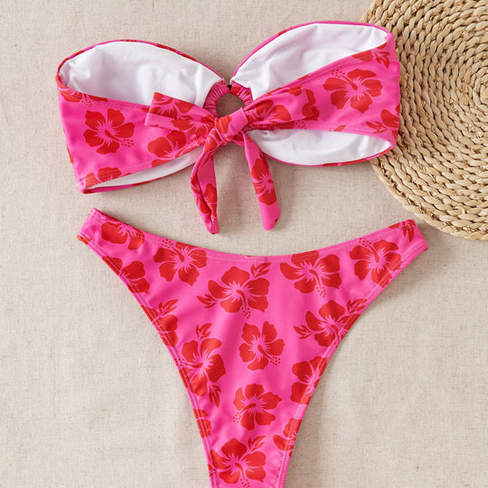 Damen Bandeau-Bikini-Set mit verziertem Knoten und floralem Muster EB