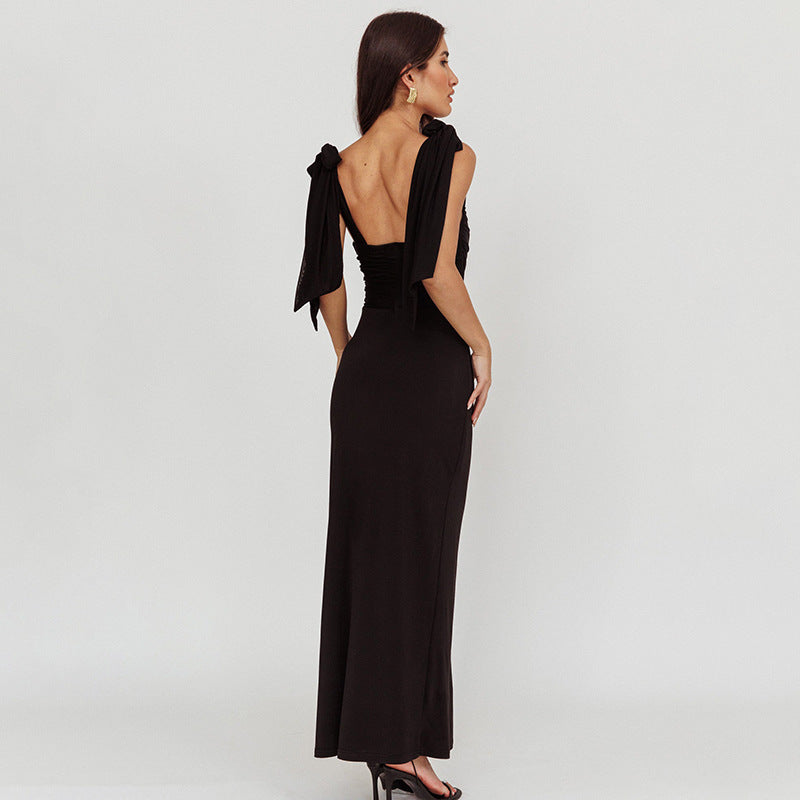 Damen elegantes Maxikleid mit transparenter Spitze und Schulterbändern EB