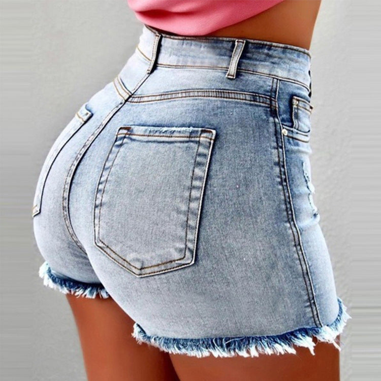 Damen High-Waist Denim-Shorts mit fransigem Saum EB