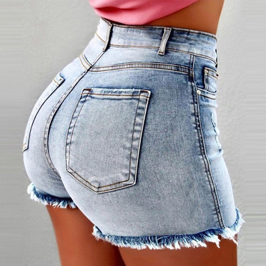 Damen High-Waist Denim-Shorts mit fransigem Saum EB