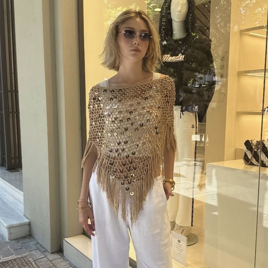 Damen dekorativer Spitzen-Poncho mit eleganten Pailletten und Fransen EB