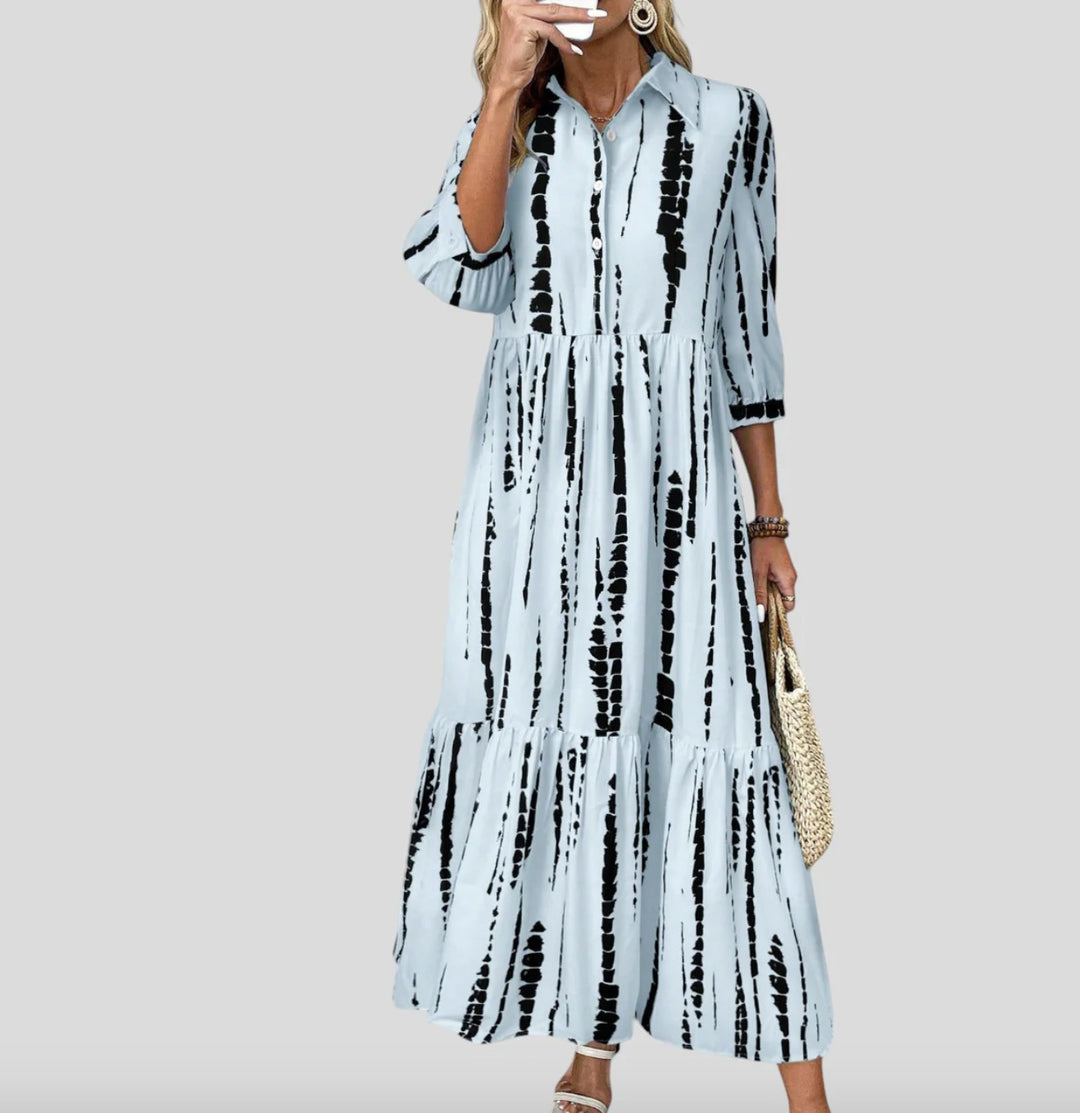 Damen Langarm Maxikleid mit modernen Streifenmuster und Taschen EB