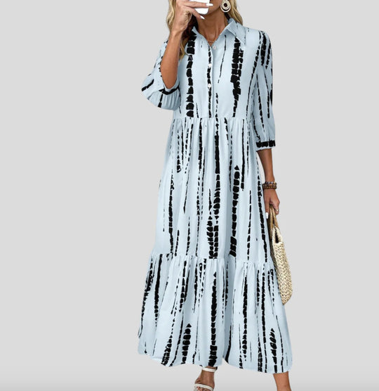 Damen Langarm Maxikleid mit modernen Streifenmuster und Taschen EB