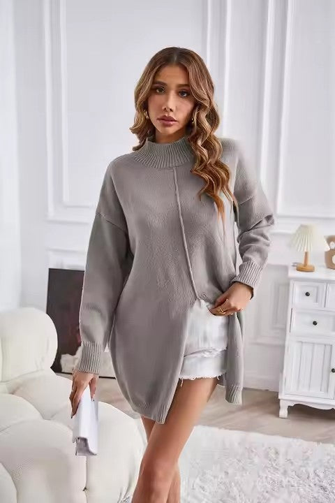 Damen Grobstrickpullover mit hohem Kragen und asymmetrischem Schnitt EB