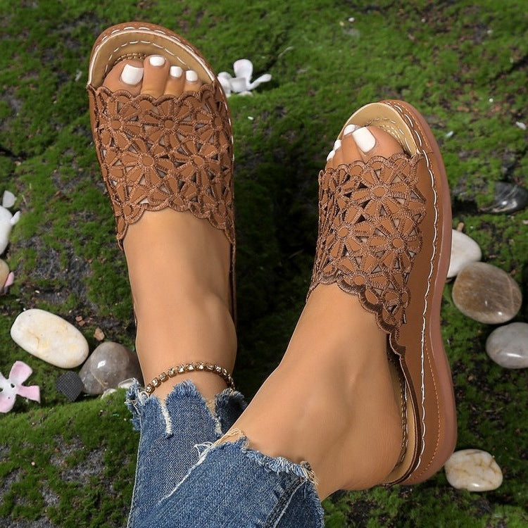 Damen offene Riemchen-Sandalen mit floralem Häkel-Muster EB