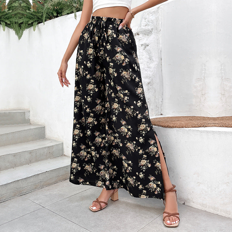 Damen Palazzo-Hose mit floralem Muster und hohen Schlitzen EB