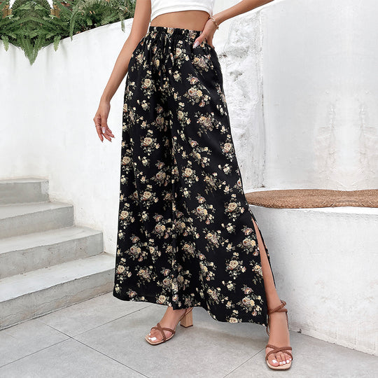 Damen Palazzo-Hose mit floralem Muster und hohen Schlitzen EB