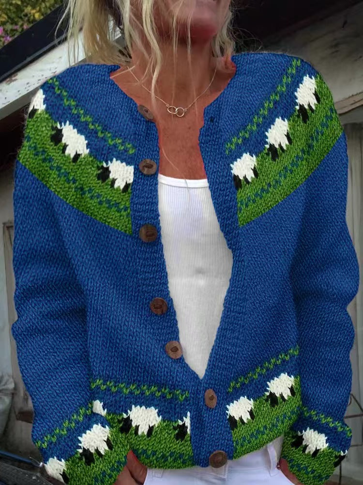 Damen nan gemusterte Strickjacke mit Rundpasse, Holzknöpfen und Eingrifftaschen EB