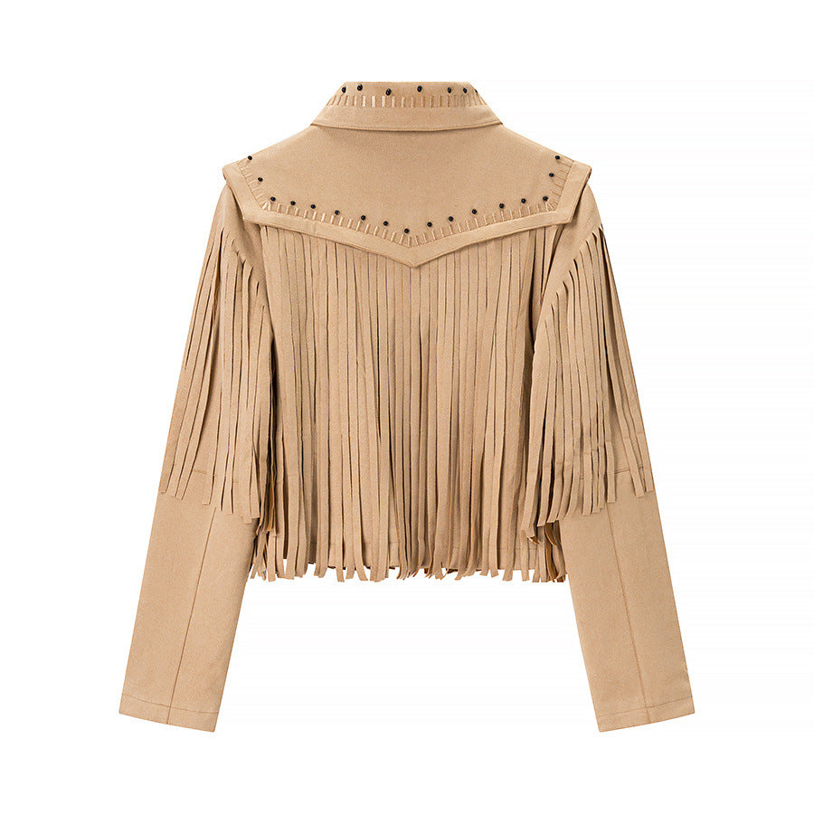 Damen modische Fransenjacke mit dekorativen Nieten EB