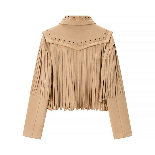 Damen modische Fransenjacke mit dekorativen Nieten EB