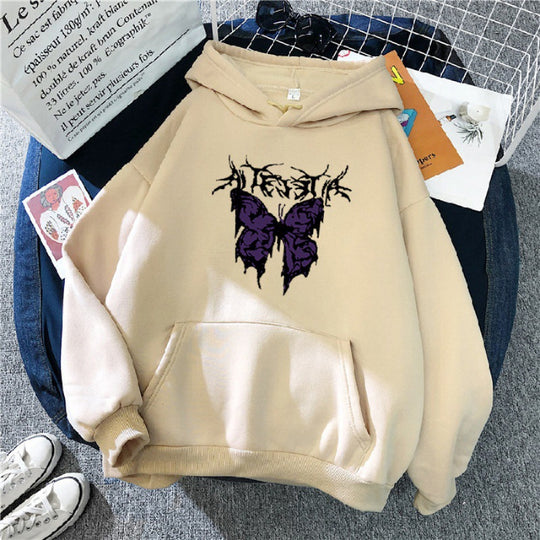 Damen nan Oversize-Kapuzenpullover mit gothischer Schmetterlings-Illustration und Kängurutasche EB