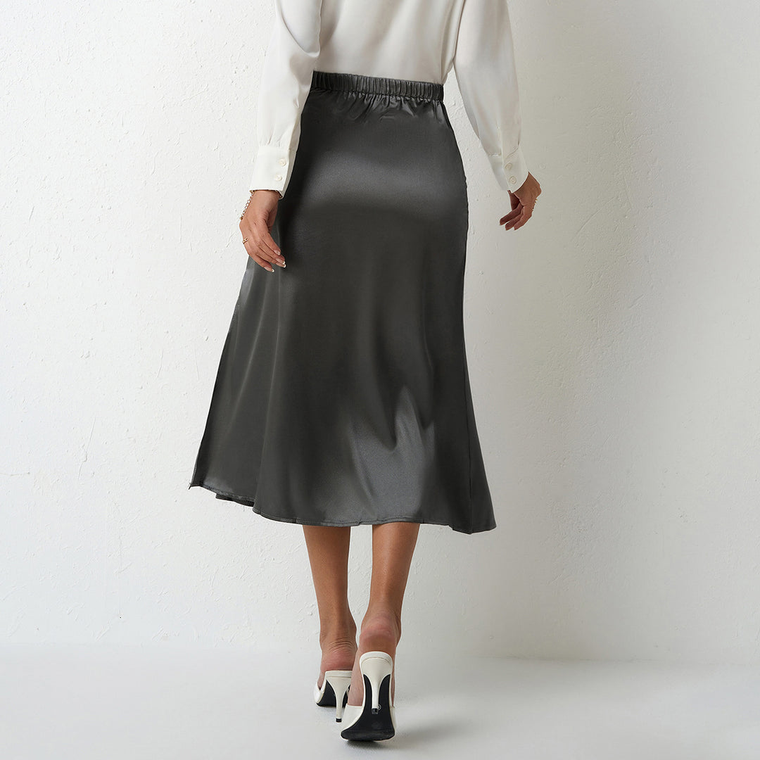 Damen eleganter Satin-Midirock mit fließendem Schnitt und hohem Bund EB