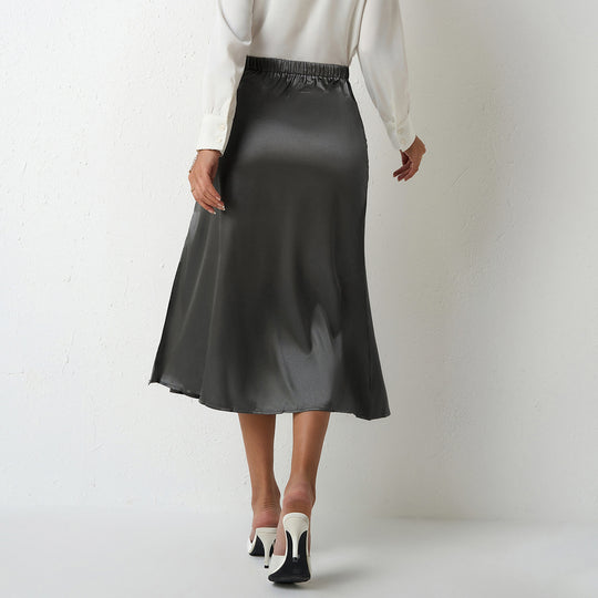 Damen eleganter Satin-Midirock mit fließendem Schnitt und hohem Bund EB