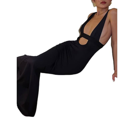Damen figurbetontes Maxikleid mit tiefem V-Ausschnitt und elegantem Schlitz EB