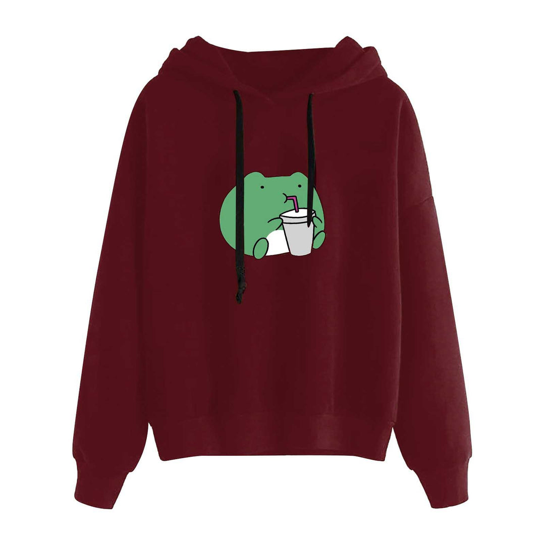 Damen nan kurz geschnittener Cropped-Kapuzenpullover mit niedlicher Frosch-Illustration und verstellbarer Kapuze EB