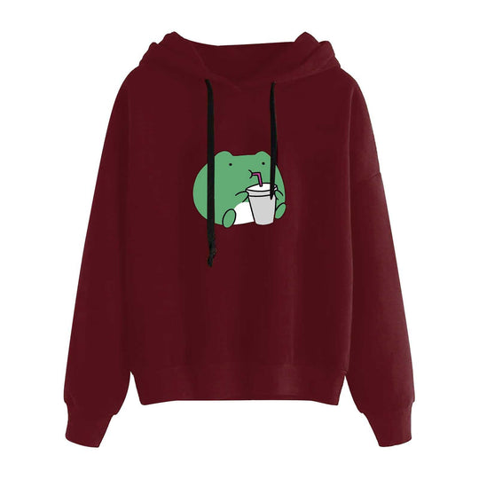 Damen nan kurz geschnittener Cropped-Kapuzenpullover mit niedlicher Frosch-Illustration und verstellbarer Kapuze EB