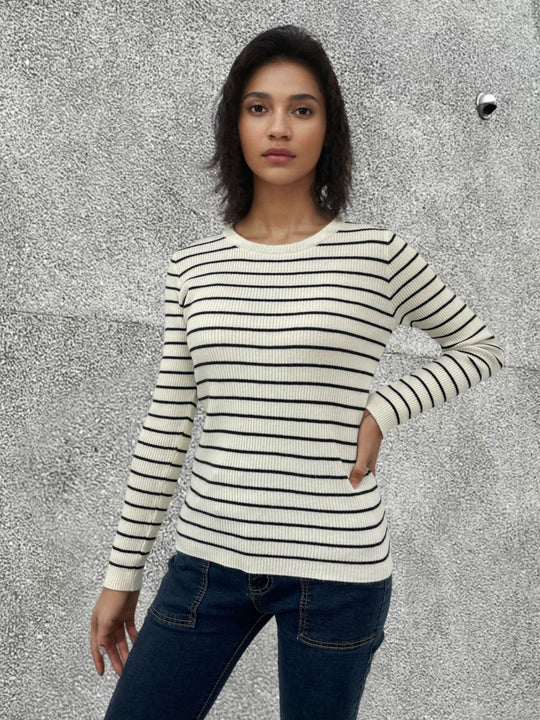 Damen Langärmliger Pullover mit modernem Streifenmuster und bequemem Schnitt EB