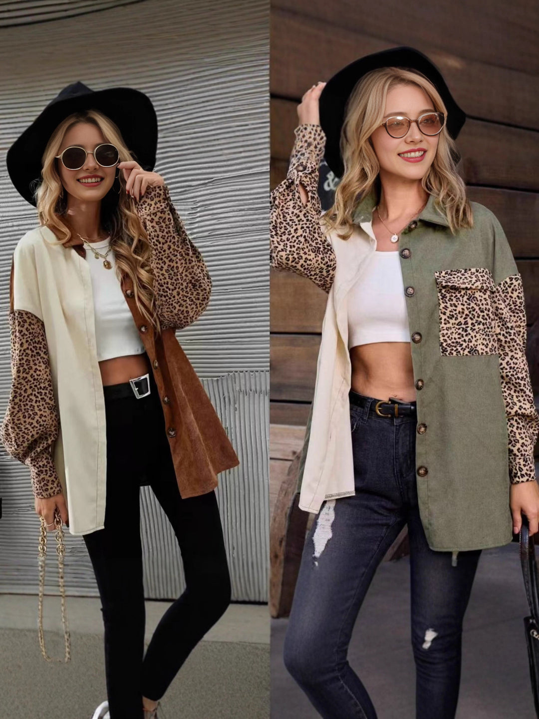 EB | Leopard-Kontrast-Button-Up-Jacke